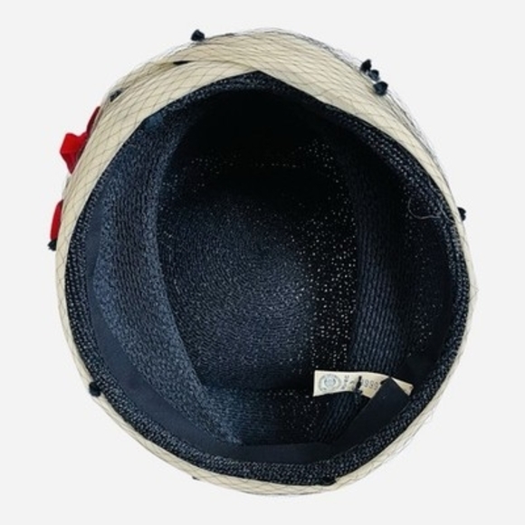Vintage 50s 60s Dark Blue Straw Whimsy Pillbox Hat Polka Dot Net Veil Red Bow VG main image 4